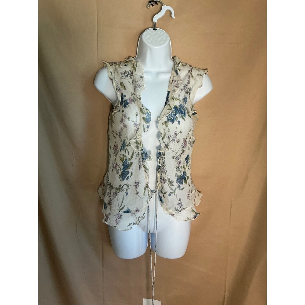Odille Floral Silk Ruffle Tie Front Blouse Womens 6 Cream Blue Excellent Boho